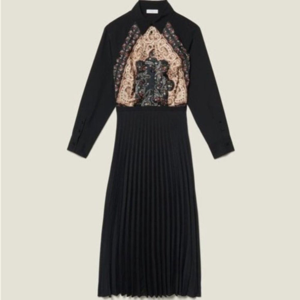 Sandro Black Pleated Midi Dress with Embroidered Panel - Picture 6 of 16